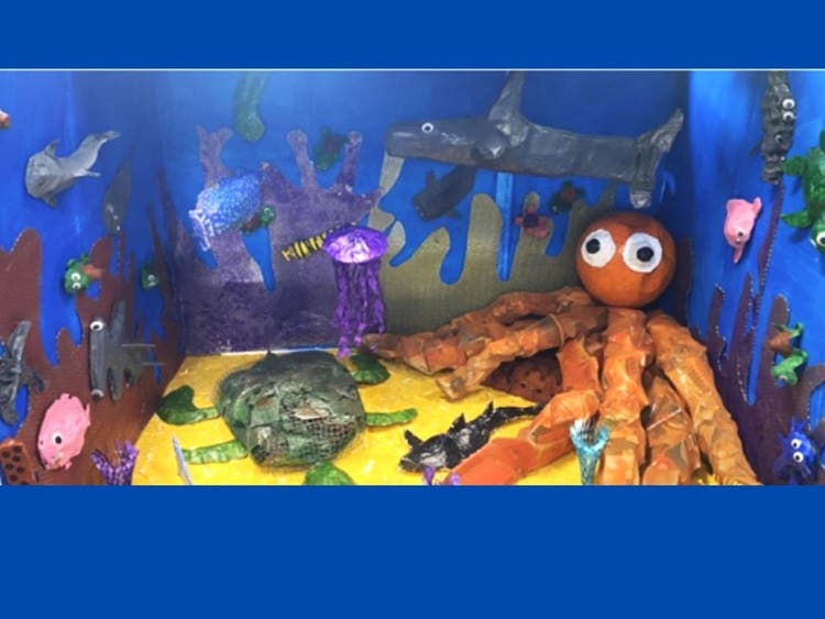 Photo of the students Eco Art challenge wrok - paper mache ocean creatures