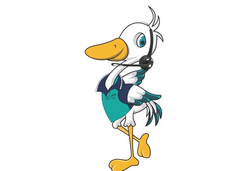 Image of our mascot - Hailey Heron wearing a speaker headset